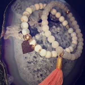 Pink Tassle, Hearts, Beaded Stack Bracelets